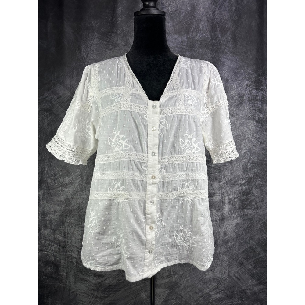 Forever That Girl Anthropologie Lace-Trimmed Buttondown Blouse White Size 10